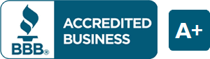 logo BBB with thorch Accredited Business with white letters on blue background and A + next to it