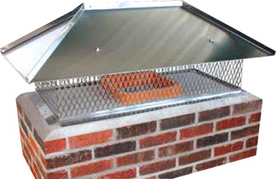 Hip Ridge Custom Cap metal with mesh sitting installed on top of brick chimney