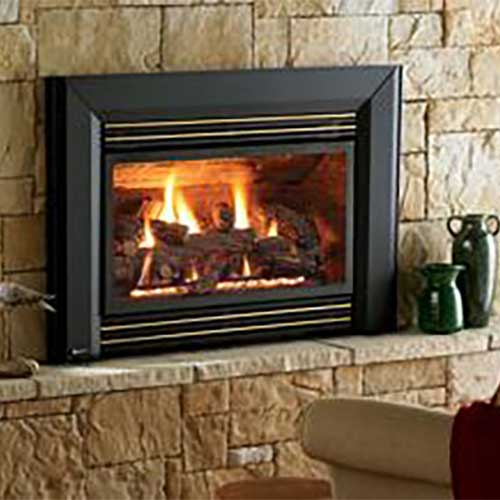 black fireplace insert with fire burning in it green vases to it's right