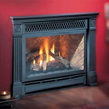 Stock photo of Hampton® H-P36 Medium Gas Fireplace Nashville Ashbusters black fireplace insert with pillars on its side and fire burning in it a red background surrounds it