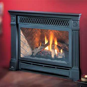 Stock Photo-Hampton H P36D Gas Fireplace -Ashbusters Chimney - Nashville TN Large Black fire place insert with fire burning in it and a red background behind it