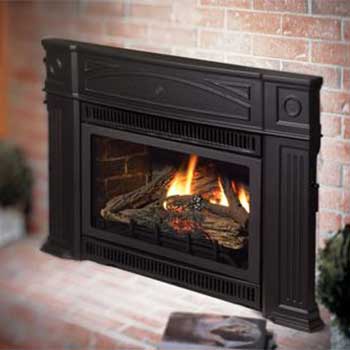Stock Photo- Hampton U 31 Gas Insert -Ashbusters Chimney - Nashville TN fire burning in medium sized gas black gas fireplace insert with reddish bricks on the hearth around it