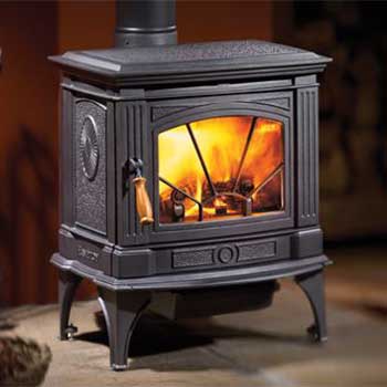 Stock Photo-Hampton H200 Wood Stove-Ashbusters Chimney - Nashville TN Medium sized black wood stove with fire burning in it
