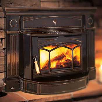 Stock Photo-Hampton HI300 -Ashbusters Chimney - Nashville TN large black gas insert with pillars on the side and very bright orange fire burning inside it