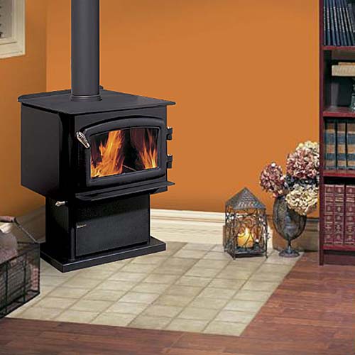 Stock Photo- Regency Classic F3100 -Ashbusters Chimney - Nashville TN wood stove on off white tile floor in corner of room with books on a shelf to it's right