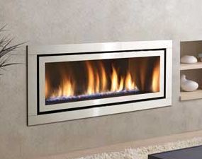 Large Rectangular Fireplace insert on wall with fire burning in it