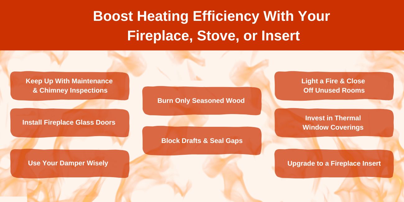 original infographic stating 8 different ways to boost heating efficiency with your fireplace